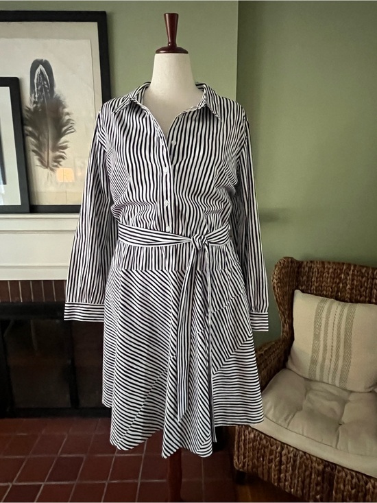 Lane Bryant Dresses & Skirts - Lane Bryant Black & White Striped Shirt Midi Dress with Waist Tie